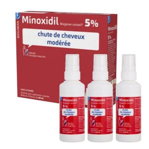 Biogaran Minoxidil 5% Biogaran Solution pour application cutanée chute de cheveux 3 flacons 60 ml