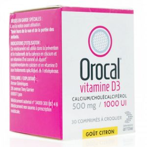 Orocal Vitamine D3 500mg/1000UI Comprimés à croquer x30