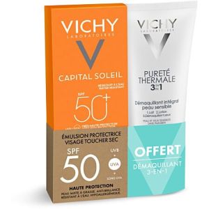 Vichy Capital Soleil Emulsion Toucher Sec SPF50+ 50ml + Lait Démaquillant 3en1 100ml Offert